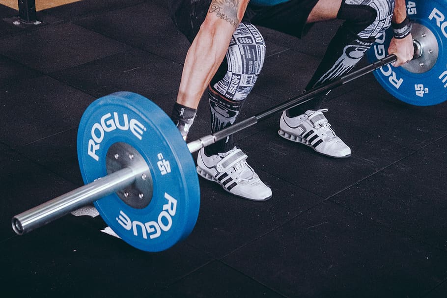 person weight holding blue and gray Rogue barbell, brazil, gambaru crossfit, HD wallpaper