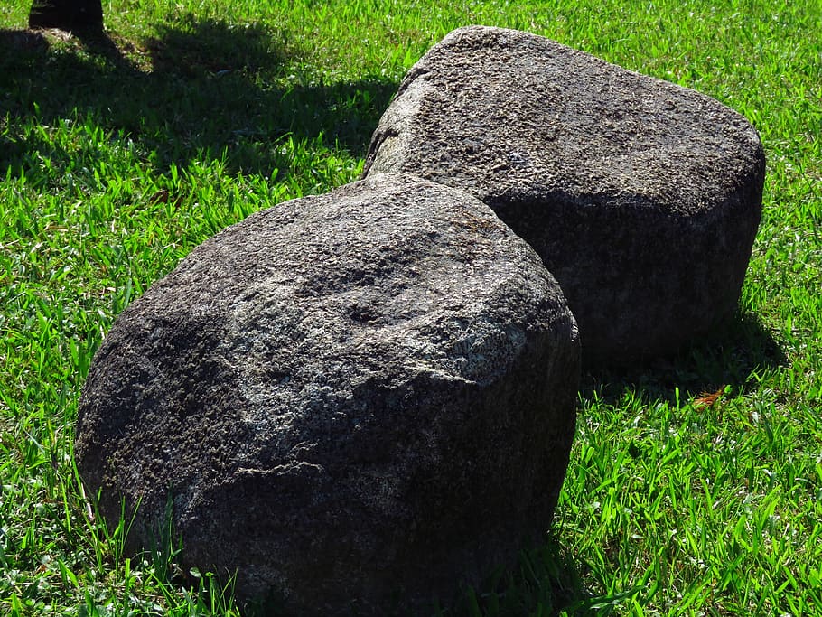 Two Gray Stone Fragments on Green Grass, boulders, close-up, daylight HD wallpaper