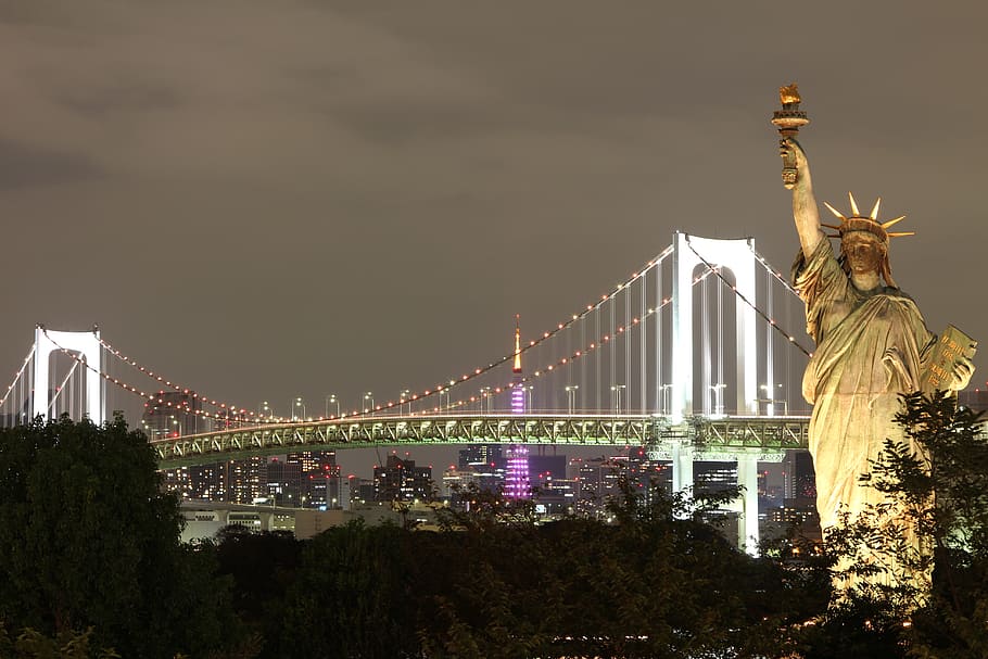 infrastructure, bridge, dark, night, light, tower, statue of liberty HD wallpaper