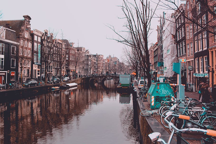 river between buildings, architecture, bicycles, boats, bridge HD wallpaper