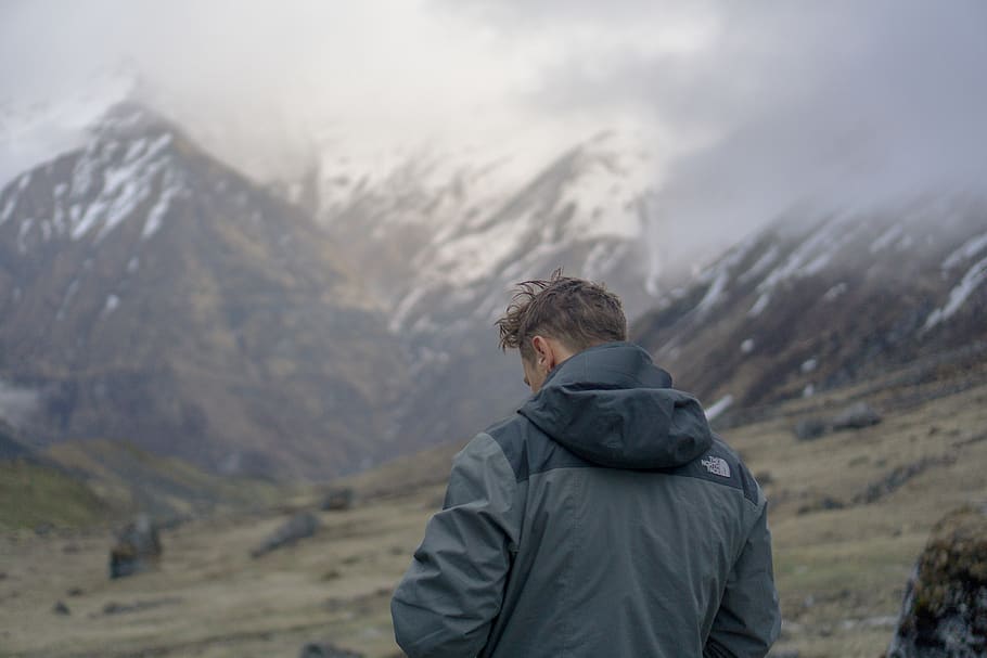 man facing mountain, one person, rear view, adventure, scenics - nature HD wallpaper