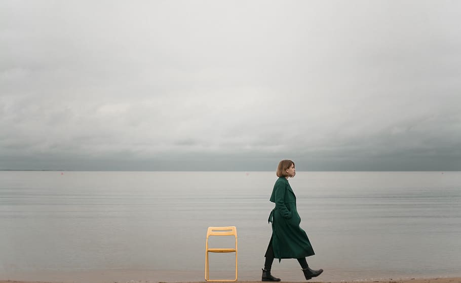 Person Walking On Seashore, beach, cloudy, horizon, lonely, ocean HD wallpaper