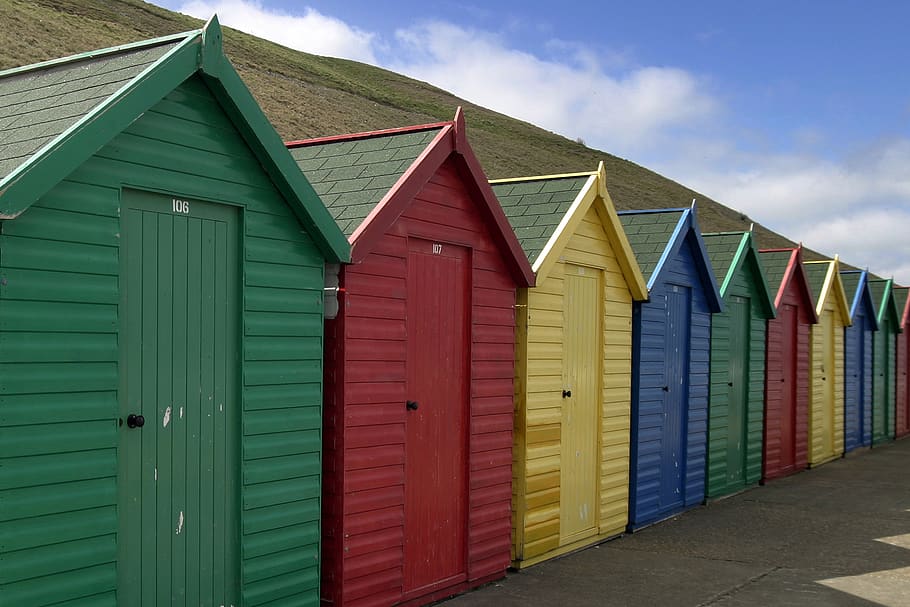 united kingdom, scarborough, colours, red, yellow, hut, blue