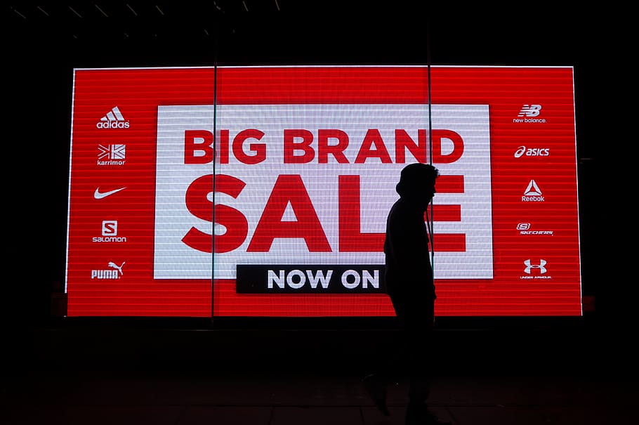 Big Brand Sale neon signage, person, human, london, text, word