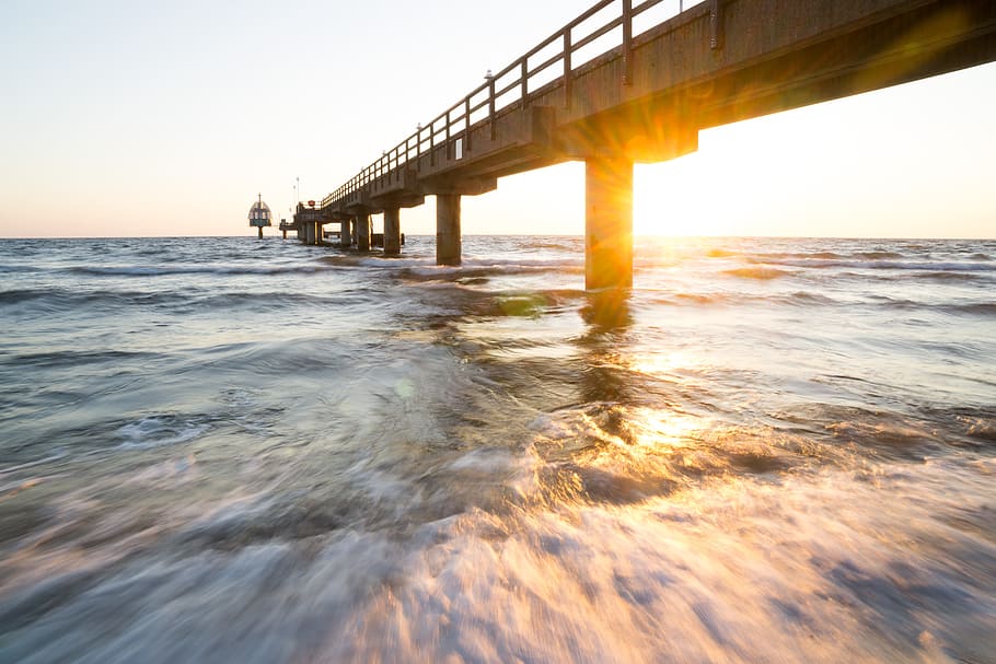 bridge on body of water, wafe, pier, germany, ocean, swim, summer HD wallpaper