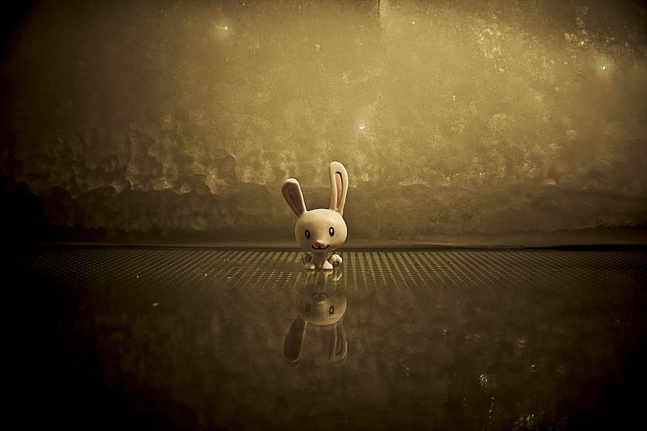 bunny, cute, figurine, plastic, rabbit, reflection, smiling HD wallpaper