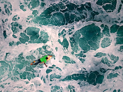 high-angle photography of man riding on surfboard, coast, pacific HD wallpaper
