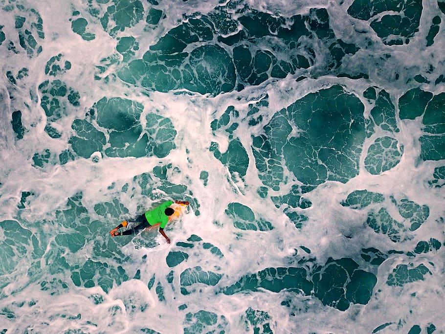 high-angle photography of man riding on surfboard, coast, pacific HD wallpaper