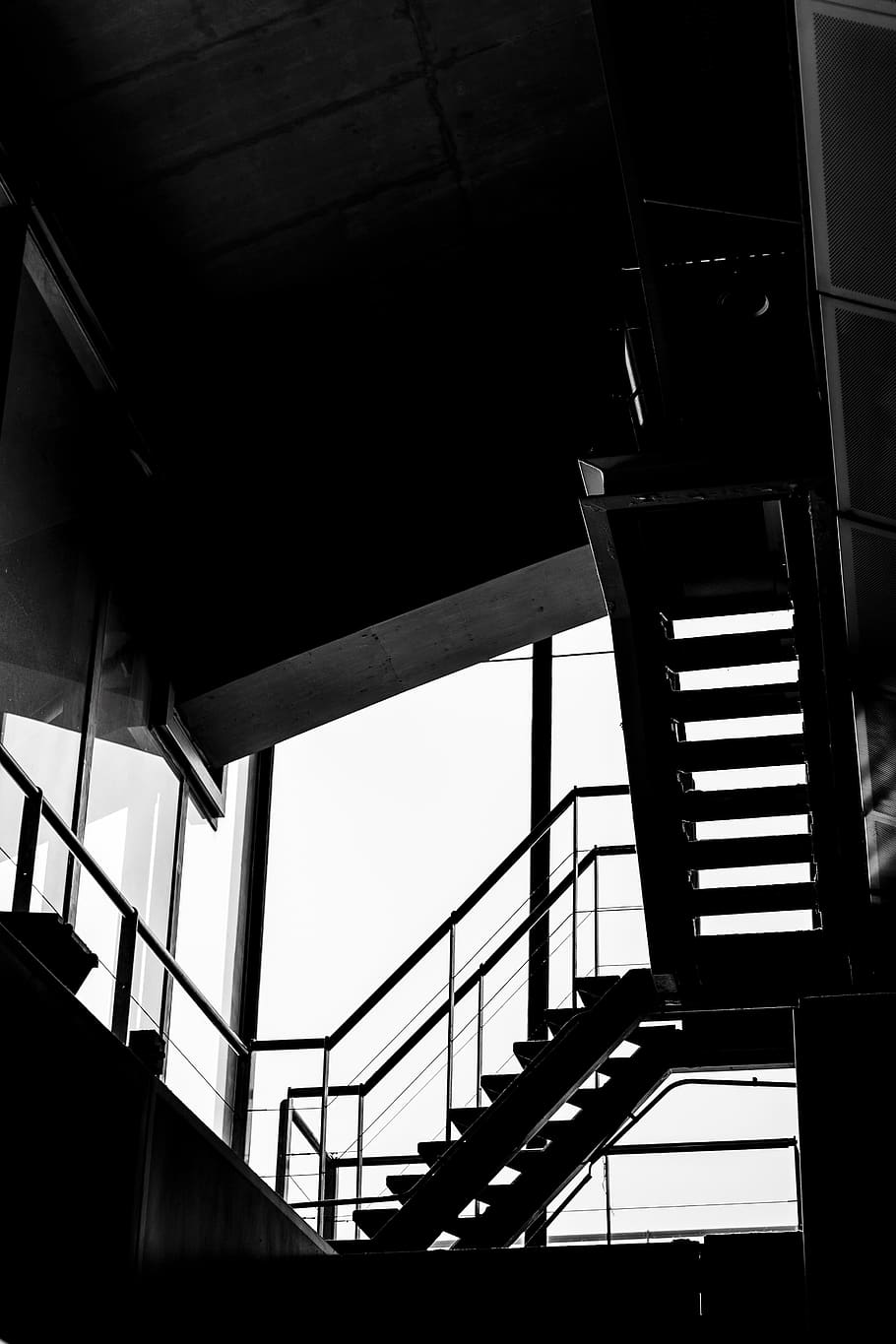 grayscale photography of stairs, banister, handrail, staircase