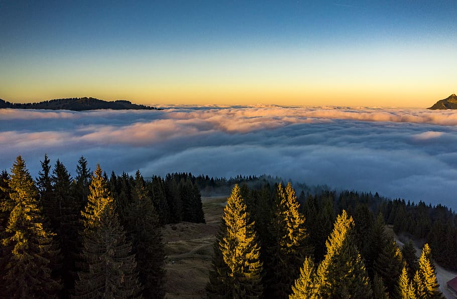 sunset, mountains, fog, alpine, landscape, nature, sky, scenic HD wallpaper