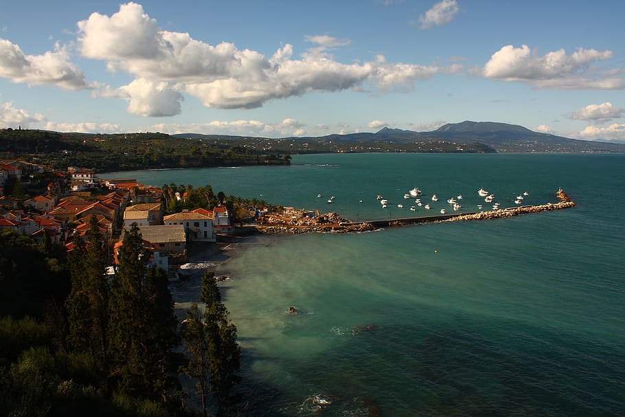 greece, sea, clouds, landscape, bay, architecture, water, cloud - sky HD wallpaper