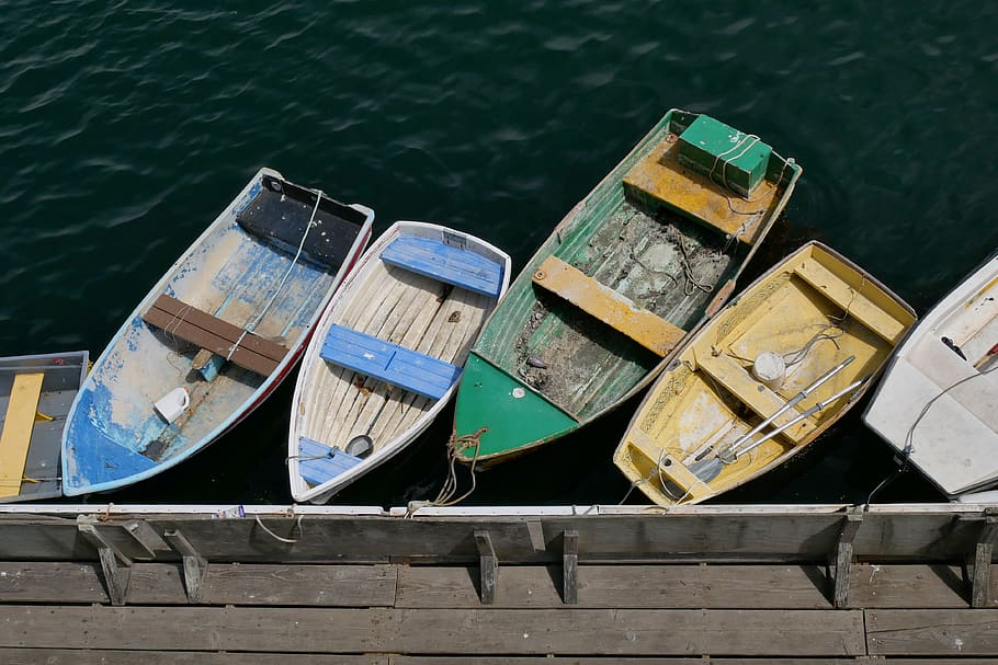 five parked motor boats, watercraft, dinghy, transportation, vessel HD wallpaper