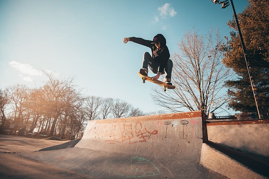 Man Doing A Skateboard Trick, action, balance, fun, jump, person