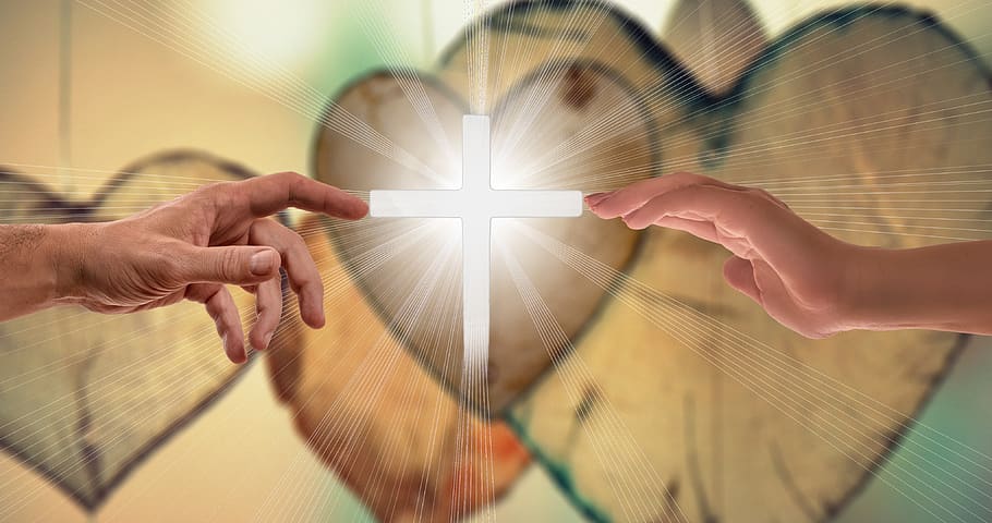 faith, love hope, cross, hands, contact, close, rays, warmth, HD wallpaper