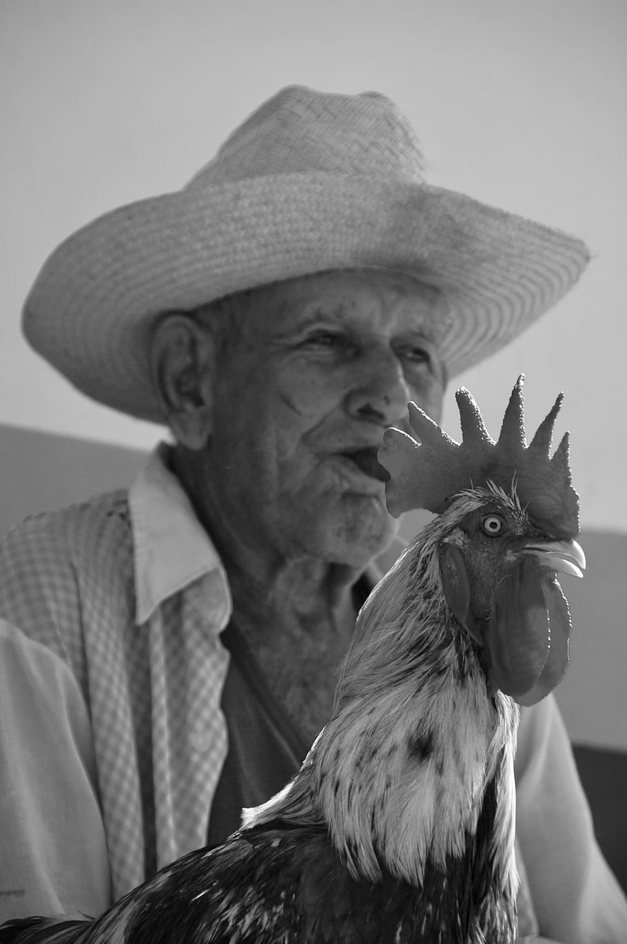 grayscale photo of man wearing straw hat holding rooster, clothing