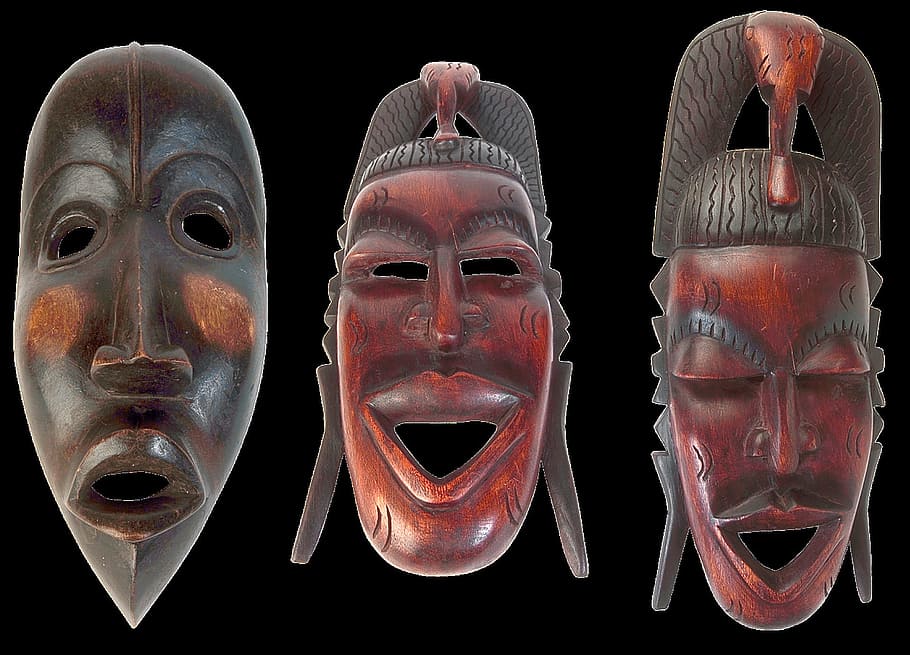 wooden, face, mask, carve, carved, object, figure, hide, black background