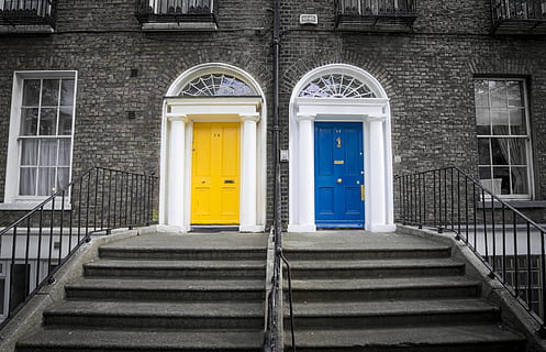 Two Closed Yellow and Blue Doors, architectural design, architecture HD wallpaper