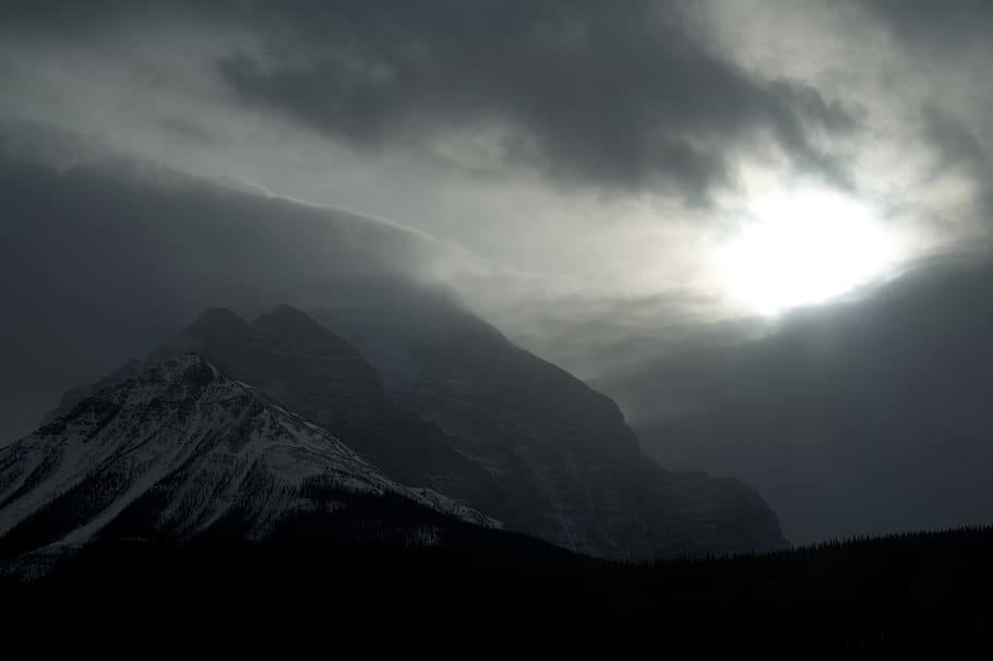 banff, canada, clouds, storm, rundle, sky, weather, moody, dark HD wallpaper