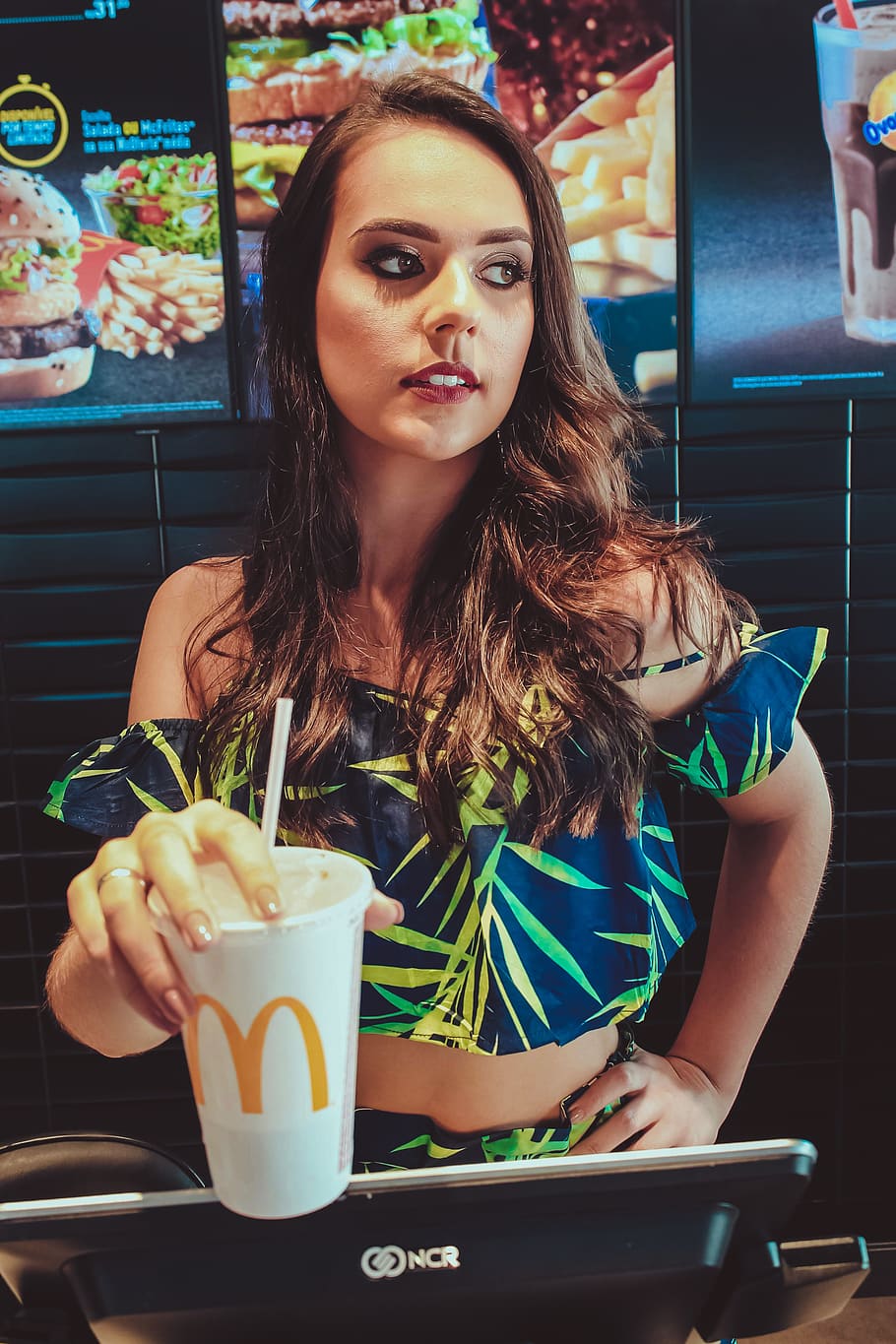 Woman Holding Mcdonald Soda Cup, attractive, beautiful, beautiful eyes