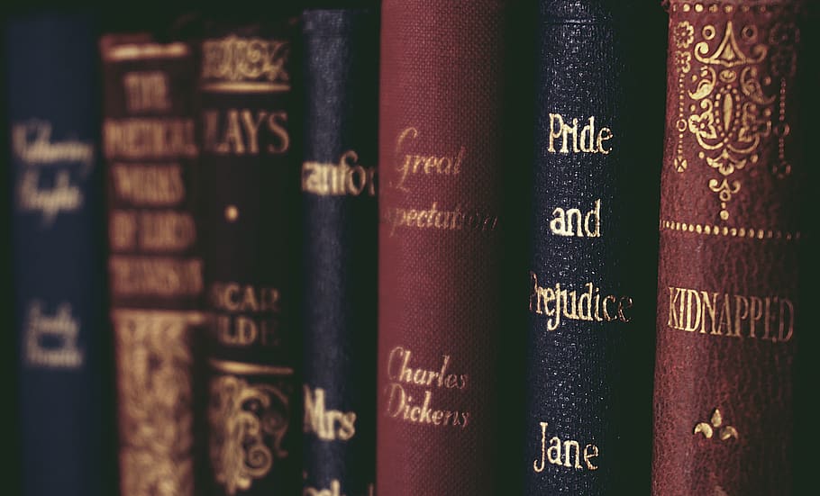 Close-Up of Books on Shelf, book bindings, book series, bookshelf