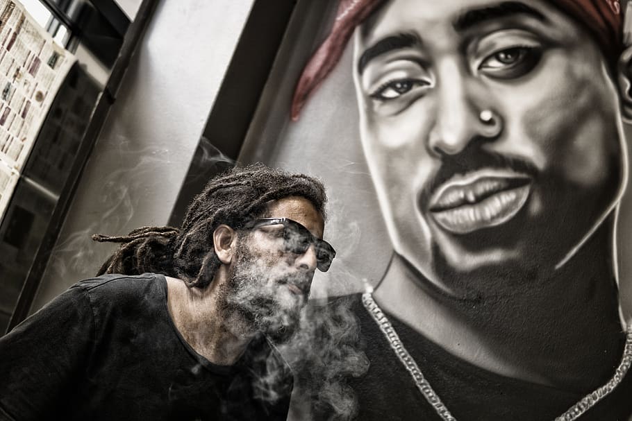 Man With Dreadlocks and Sunglasses Poses Near Tupac Shakur Portrait, HD wallpaper