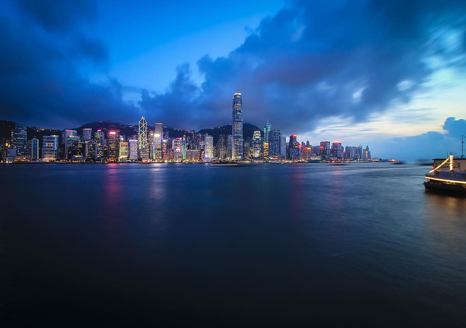 victoria harbour, hong kong, blue hour, water, longexposure, HD wallpaper