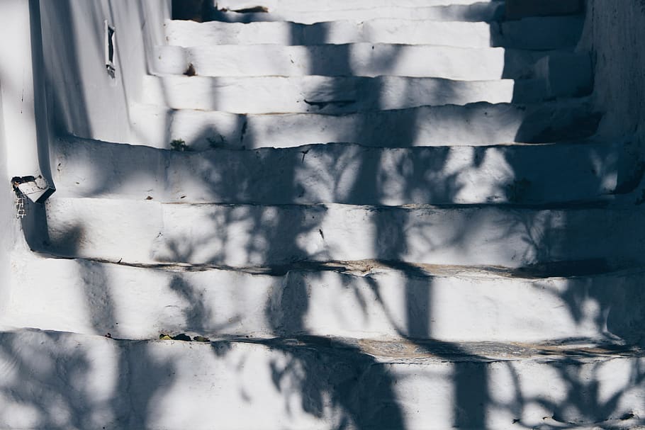greece, amorgos, shadows, trees, stairs, no people, close-up HD wallpaper