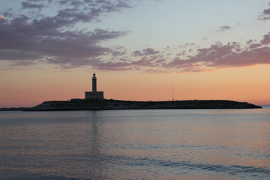 lighthouse, sea, dawn, sky, sunset, built structure, water HD wallpaper