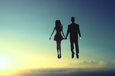 Man And Woman Floating On Sky, backlit, couple, flying, levitation HD wallpaper