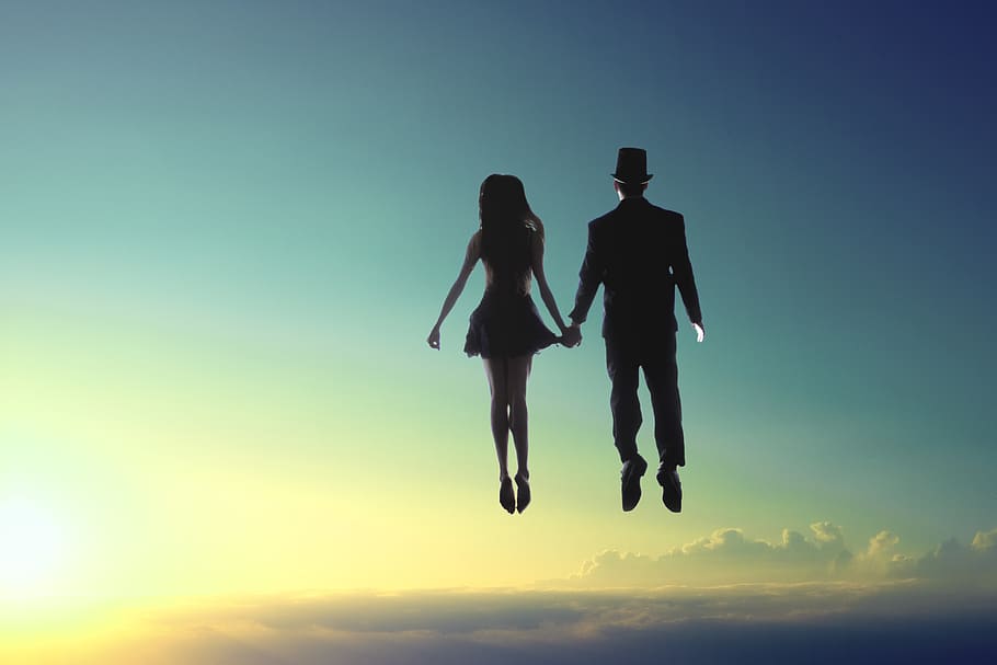 Man And Woman Floating On Sky, backlit, couple, flying, levitation
