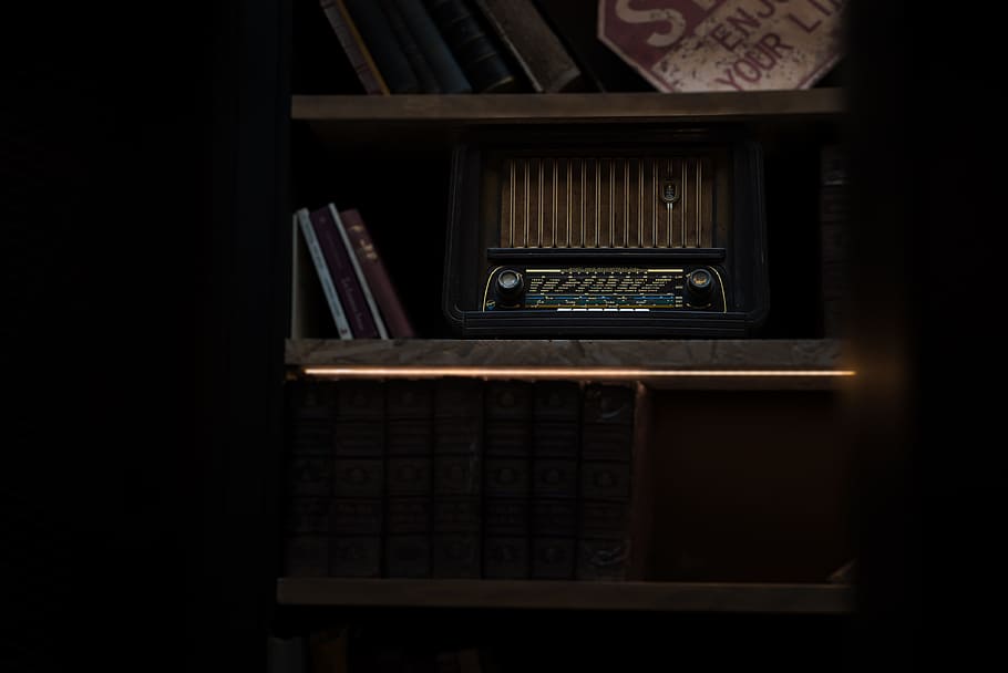 radio, shelf, vintage, old, retro, wireless, dark, room, books
