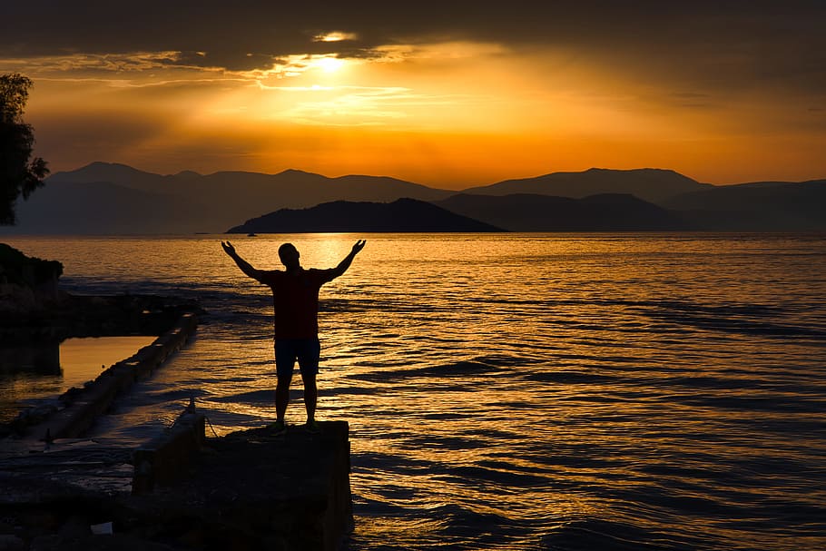 man, silhouette, beach, sunset, red, night, dawn, dusk, travel HD wallpaper