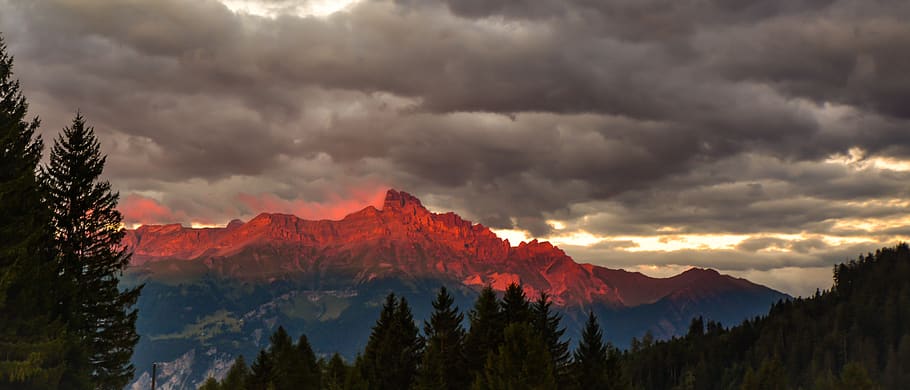 sunset, landscape, alps, twilight, summer, valais, clouds, color HD wallpaper