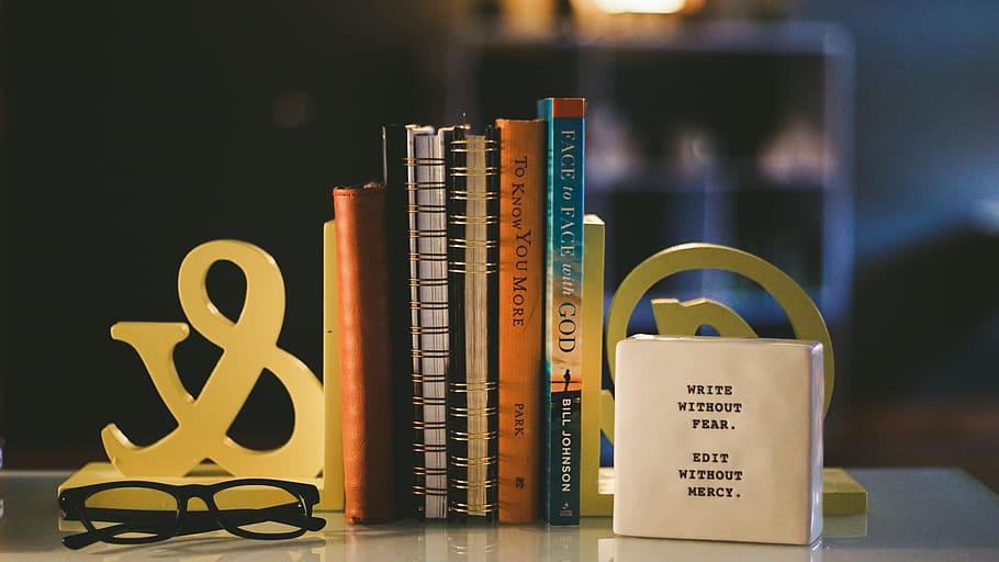 Ampersand signage and eyeglasses with black frames, book, colorful HD wallpaper