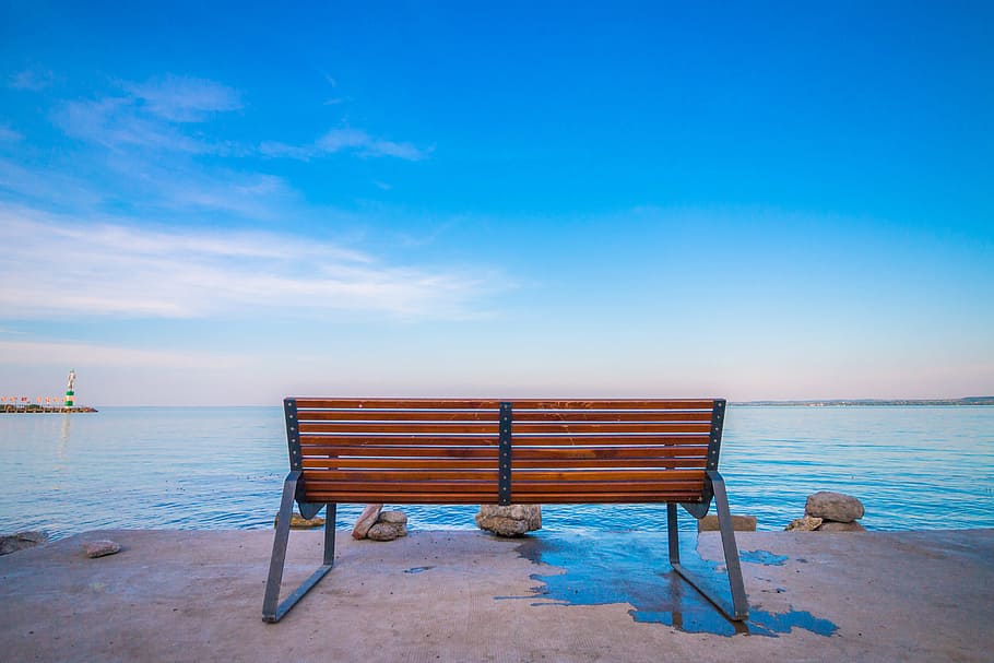 still, items, things, bench, chair, dock, bay, rocks, nature HD wallpaper