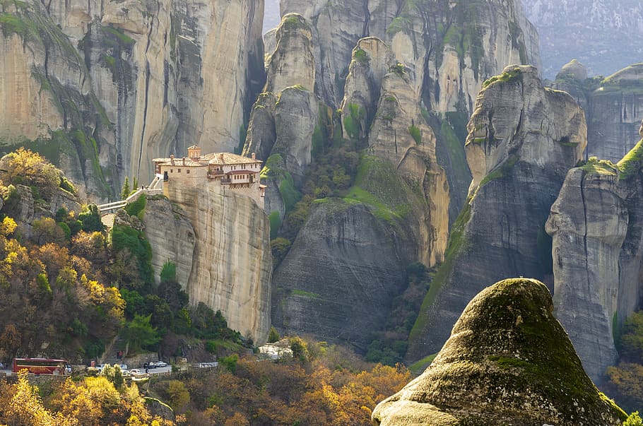 meteora, greece, monastery, landscape, nature, mountain, rock HD wallpaper