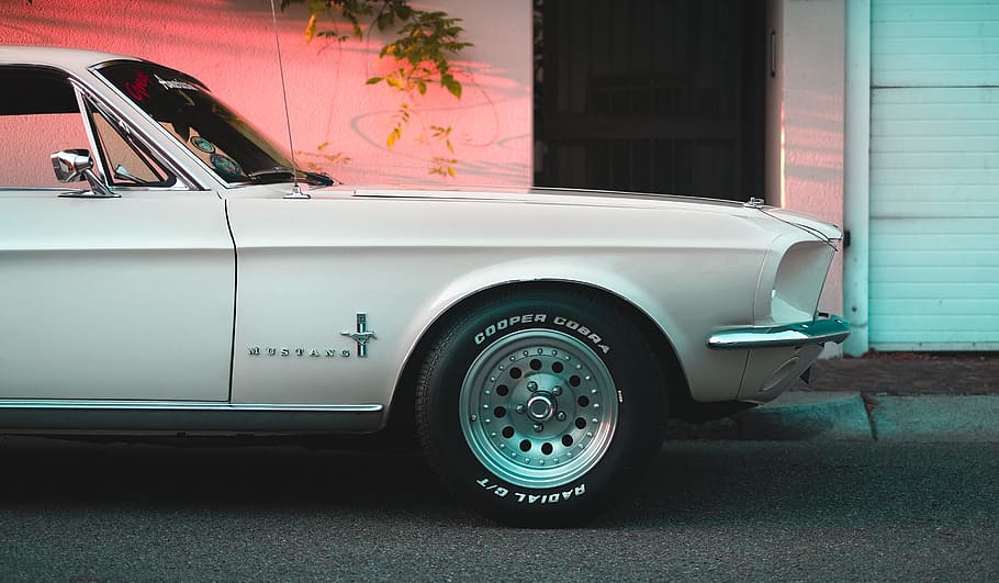 parked white vehicle beside building, car, street, sunlight, mustang, HD wallpaper