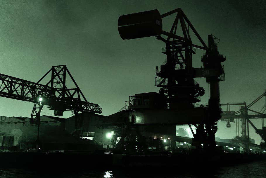 night view, factory, industry, machinery, crane - construction machinery HD wallpaper