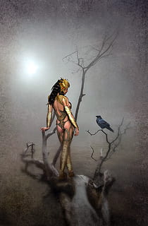 fantasy, landscape, amazone, crow, fog, light, tree, mystical HD wallpaper