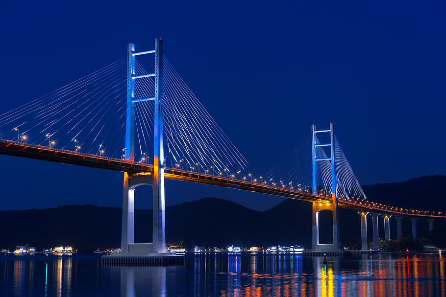 bridge, pier, cable-stayed bridge, post, sea, night view, machang bridge HD wallpaper