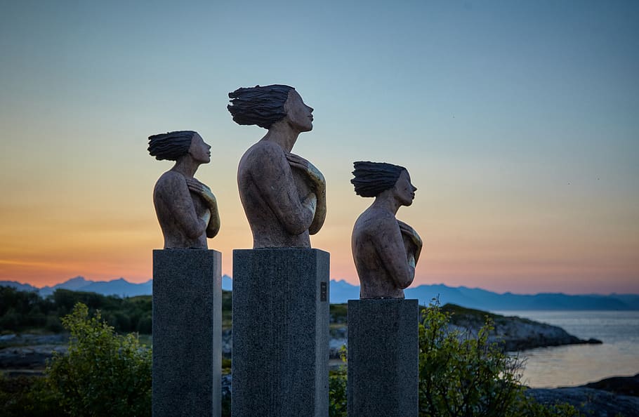 three concrete statues, sky, sculpture, representation, art and craft HD wallpaper