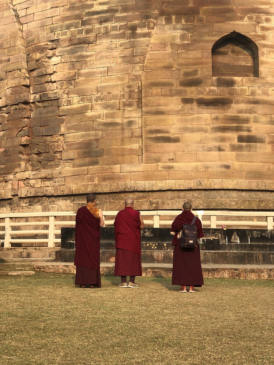 prayer, buddhism, monk, built structure, rear view, real people HD wallpaper