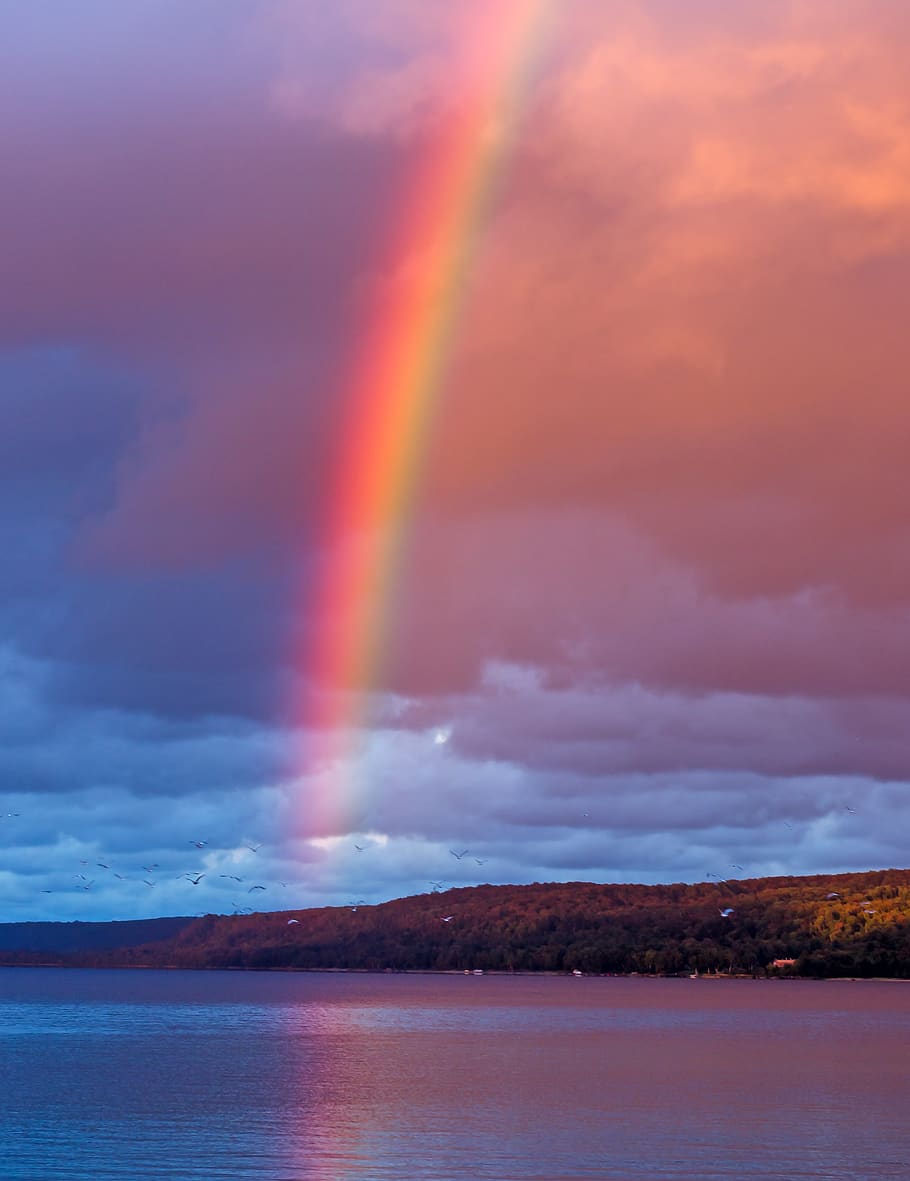rainbow, effect, landscape, sky, summer, colorful, lake, nature, HD wallpaper
