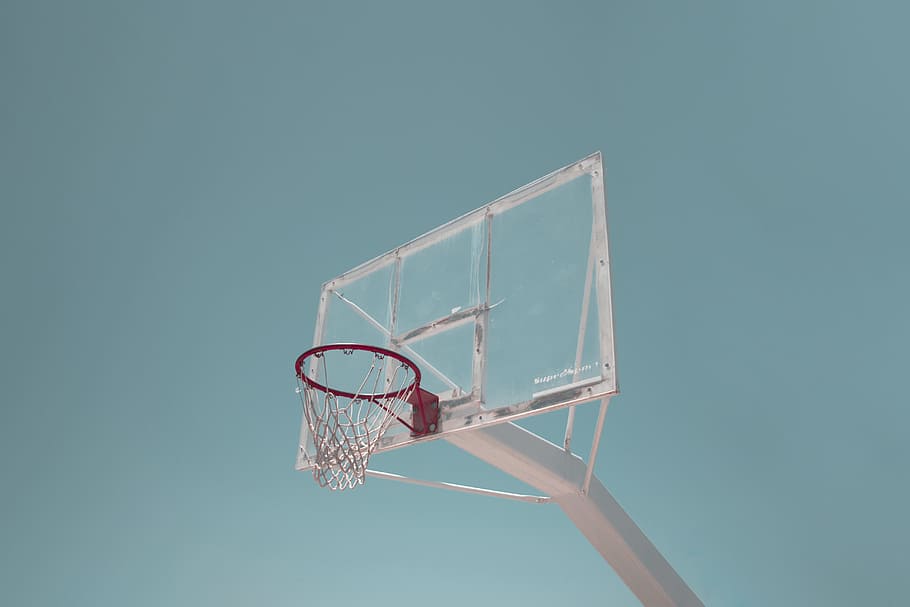 white basketball system, hoop, back board, summer, outdoors, play