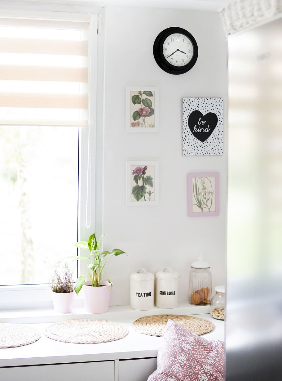 Pots Near Windowpane on White Wooden Cabinet, comfortable, contemporary HD wallpaper
