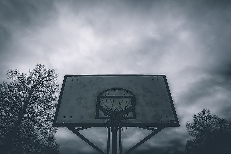 Silhouette Photo of Basketball Hoop, basketball ring, black-and-white
