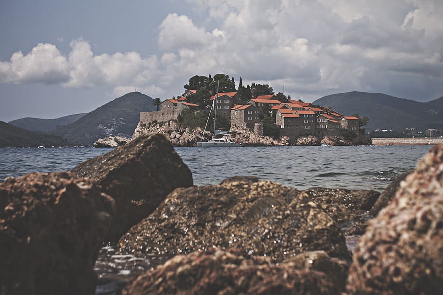 montenegro, sveti stefan, stone, mountain, sea, cloud, seaside, HD wallpaper