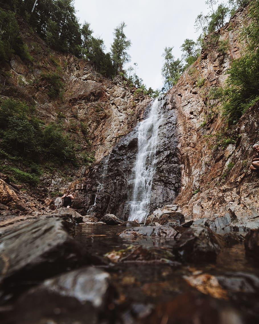 HD wallpaper: photo of waterfalls under clear blue sky during daytime