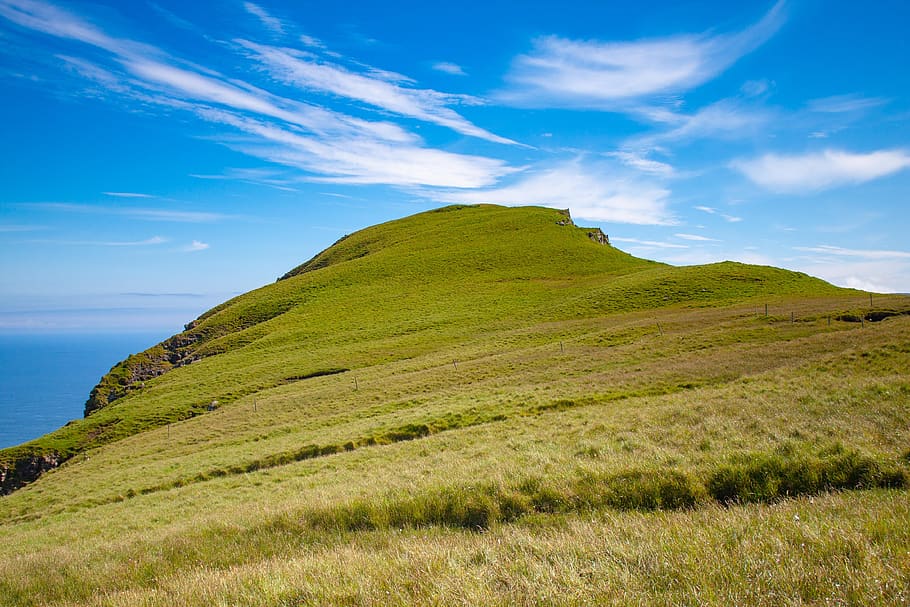 sky, grass, landscape, clouds, panoramic, outdoor, tray, faroe islands HD wallpaper