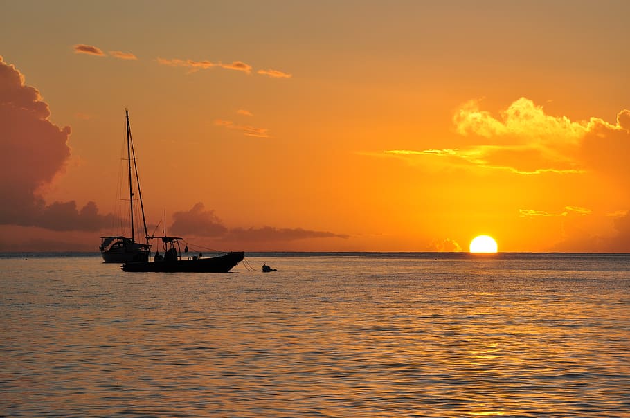 sunset, body of water, sea, twilight, guadeloupe, sky, nautical vessel, HD wallpaper